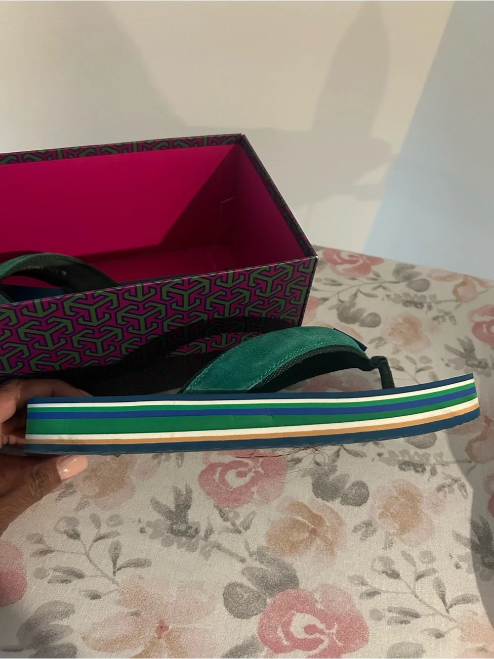 Tory Burch Men’s Green Velvet & Teal Flip Flops